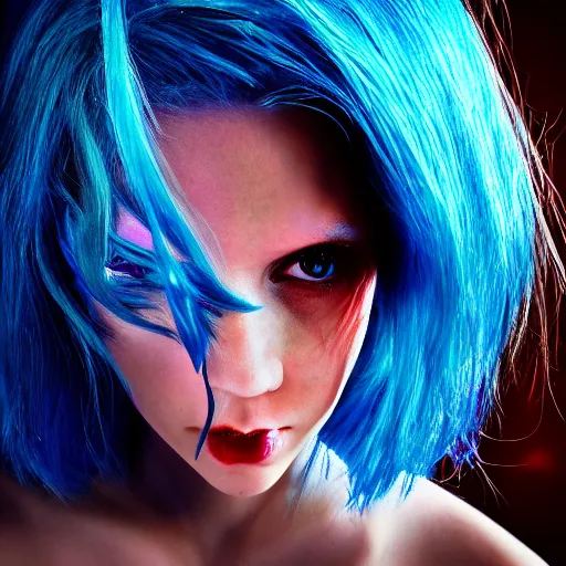 Image similar to portrait of young girl half dragon half human, dragon girl, dragon skin, dragon eyes, dragon crown, blue hair, long hair, highly detailed, cinematic lighting, chiaroscuro lighting, By David Lynch