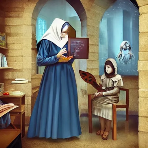 Prompt: “ medieval nurse attending kids in the doctor ’ s office, fantasy, artwork, digital art, intricate, stanley artgerm lau ”