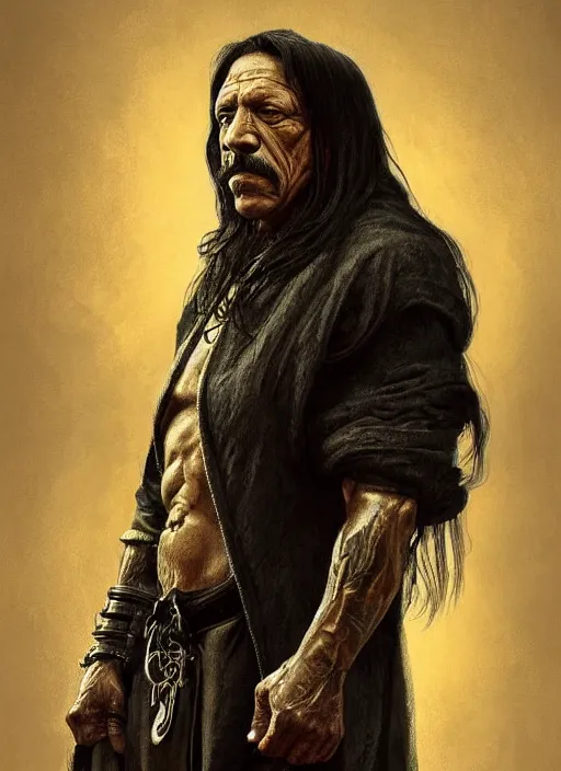 Image similar to Portrait of Danny Trejo, cloak, male, fantasy, extremely detailed, digital painting, artstation, concept art, smooth, sharp focus, illustration, stunning lighting, art by artgerm and greg rutkowski and alphonse mucha and simon stalenhag, realistic character concept, high fantasy, light atmosphere, golden ratio, cinematic lighting, hyperdetailed, high resolution, insanely detailed and intricate, artstation, Marc Simonetti, Greg Rutkowski, 8k