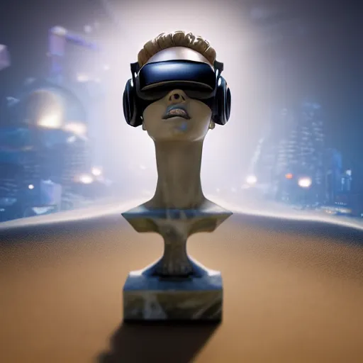 Image similar to the head of a marble cybernetic lady justice statue wearing a virtual reality headset on ground covered in sand, cyberpunk background, highly detailed, epic lighting, hyper photorealism, 8 k