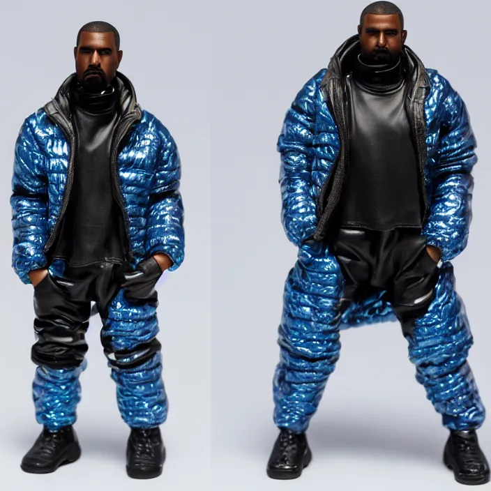 Image similar to a action figure of kanye west using full face - covering mask with small holes. a small, tight, undersized reflective bright blue round puffer jacket made of nylon. a shirt underneath. black jeans pants made of nylon. a pair of big rubber boots, figurine, detailed product photo, 4 k, realistic, acton figure, studio lighting, professional photo