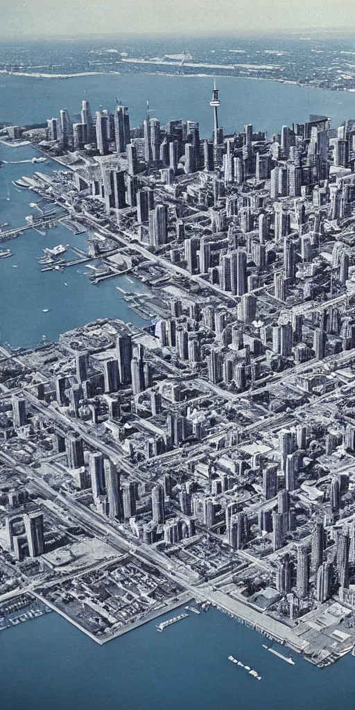 Prompt: high detail intaglio of toronto in the 1 9 7 0 s, aerial photography, 8 k hdr.