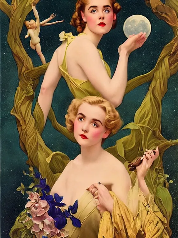 Image similar to Kiernan shipka as the three graces, a beautiful art nouveau portrait by Gil Elvgren and Gerald Brom and Alberto Vargas and Bill Henson, Moonlit forest environment, centered composition, defined features, golden ratio, golden jewelry