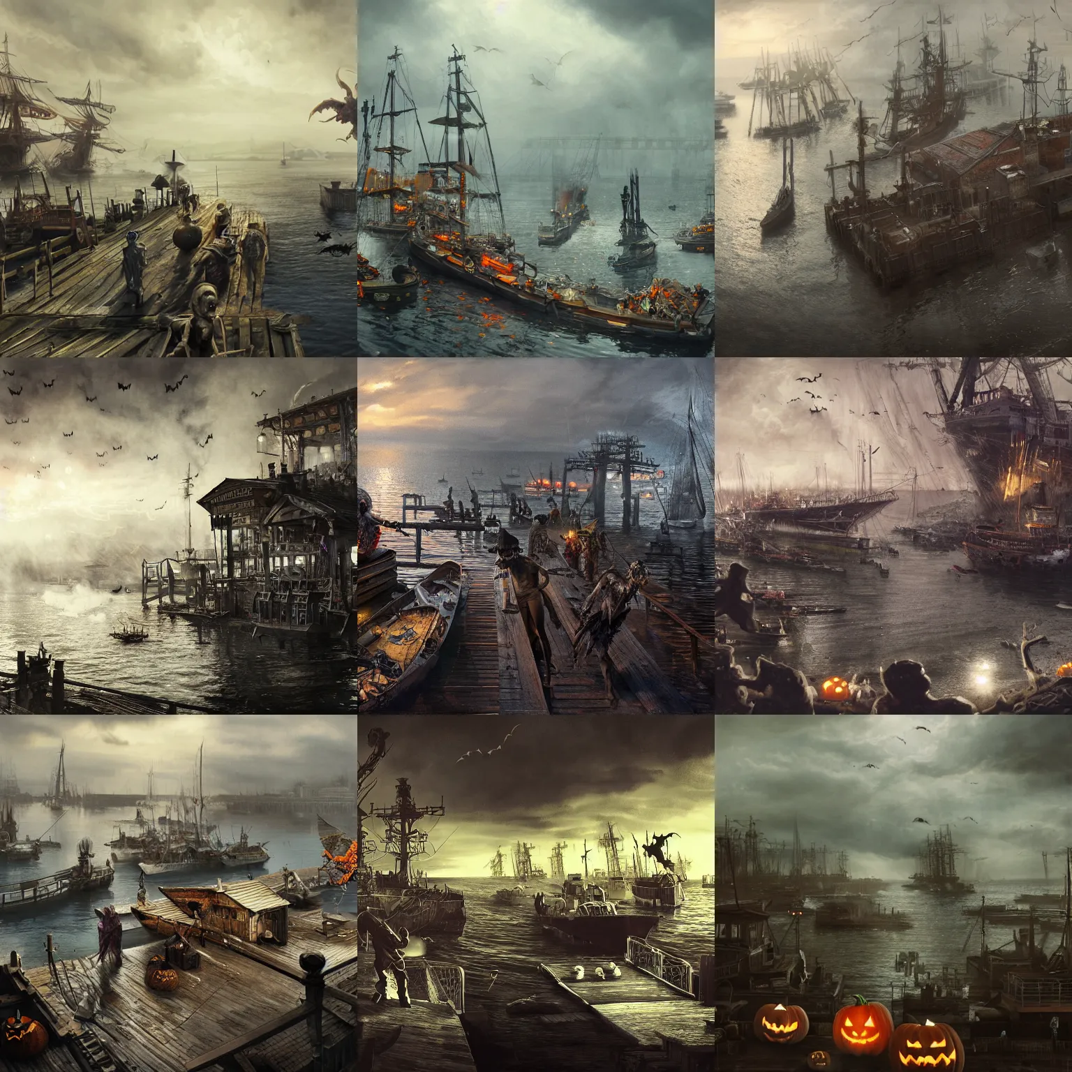 Prompt: halloween monsters fighting on docks at shipyard, view from above, volumetric lighting, 8 k octane beautifully detailed render, post - processing, extremely hyper - detailed, intricate, epic composition, cinematic lighting, masterpiece, trending on artstation, detailed detailed detailed, masterpiece, stunning art by anders zorn, wonderful masterpiece by greg rutkowski, beautiful cinematic light,