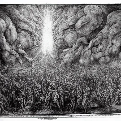 Prompt: the final judgement an apocalyptic doomsday fire and brimstone engraving in the style of albrecht durer, rembrandt or gustave dore