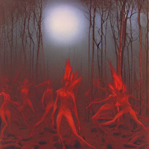 Prompt: crimson devils dancing around a pyre in a forest, a small moon is in the sky, by Zdzisław Beksiński