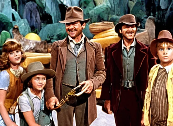 Prompt: film still of indiana jones in Willy Wonka's and the Chocolate Factory 1971