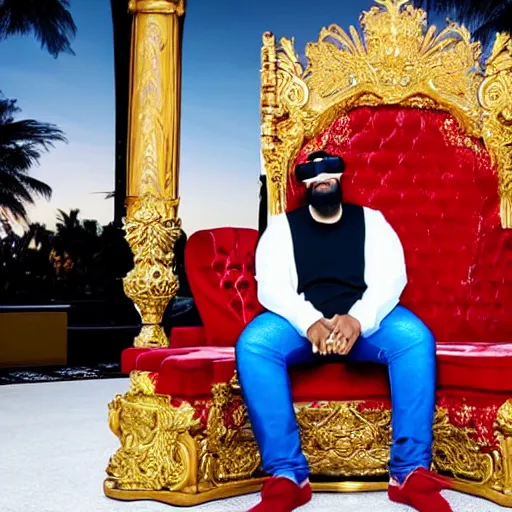 Image similar to DJ Khaled wearing a VR headset, sitting on an ornate red velvet throne