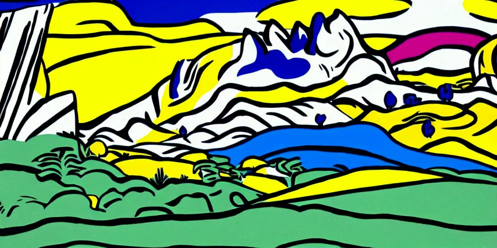 Prompt: pop art landscape illustration in the style of roy lichtenstein