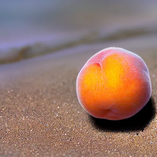 Image similar to a female peach with eyelashes and long legs walking on the beach, realistic, macro photo, highly detailed