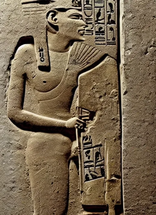 Image similar to a very worn out ancient egyptian relief of a man holding a bolt action rifle, award winning photo
