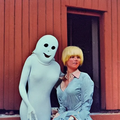 Prompt: 1976 color archival photo of a glamorous woman in a dress, and her friend, who looks like Caspar the Friendly Ghost, in a sidewalk cafe, 16mm film soft color, earth tones and soft color 1976, live-action archival footage, in style of doris wishman russ meyer, woman looks like young mia farrow