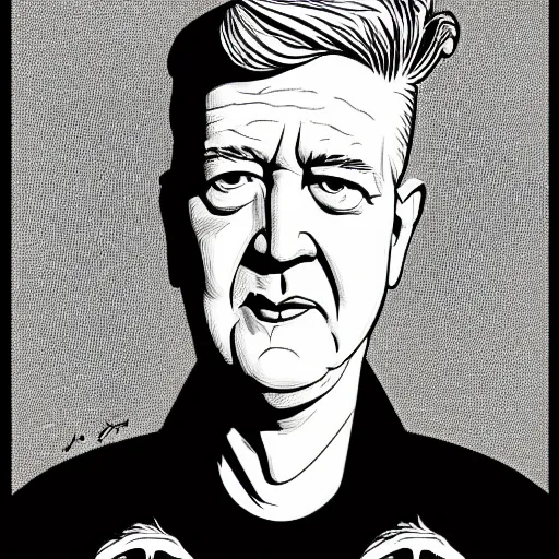 Prompt: portrait of David Lynch by Joe fenton, b&w and yellow