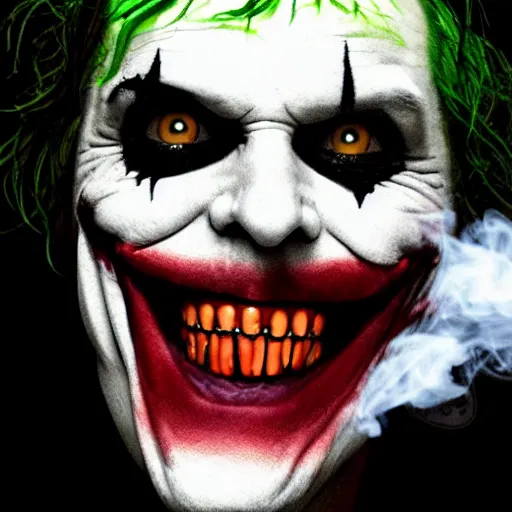 Image similar to joker, smiling, unnatural grin, horror, creepy, smoke, black, dark, glow