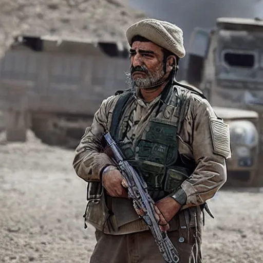 Image similar to kurdish general in a movie directed by christopher nolan, movie still frame, promotional image, imax 7 0 mm footage, strong and imposing