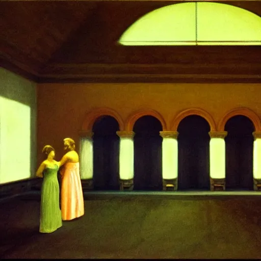 Image similar to procession of women in an haunted liminal abandoned temple, film still by edward hopper, by gottfried helnwein, by klimt, art noveau, highly detailed, strong lights, liminal, eerie, bright pastel colors,