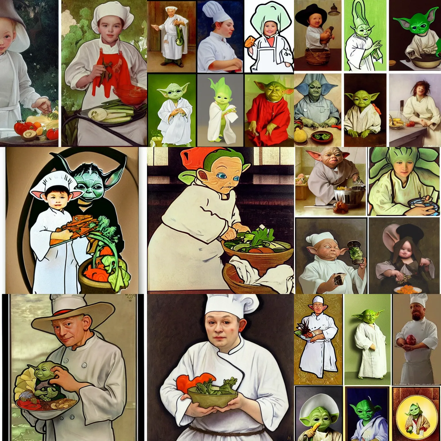 Prompt: baby yoda as a chef wearing a white apron and wearing a white chef's hat with vegetables, by Jan van Eyck, by alphonse mucha, by Noah Bradley, by Dr. Suess, by Anna Dittmann