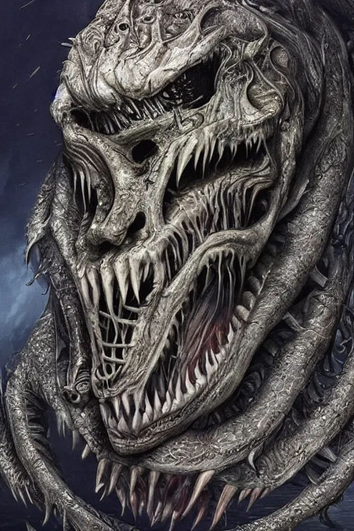 Prompt: a scary sea monster with the facial features of elon musk, photorealistic, cinematic lighting, highly detailed, very intricate, by hr giger