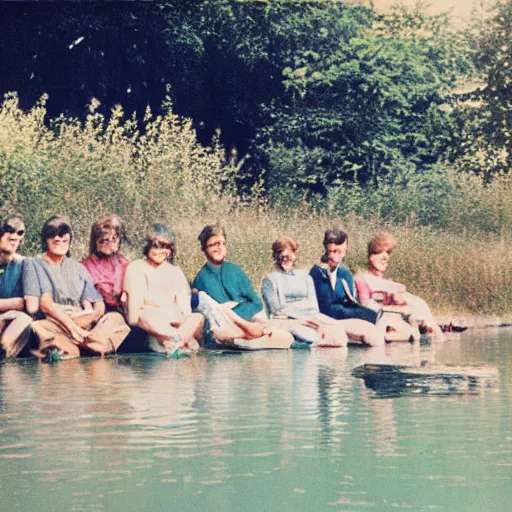 Image similar to color photograph from the sixties of people sitting by a lake in summer, faded colors, light leaks