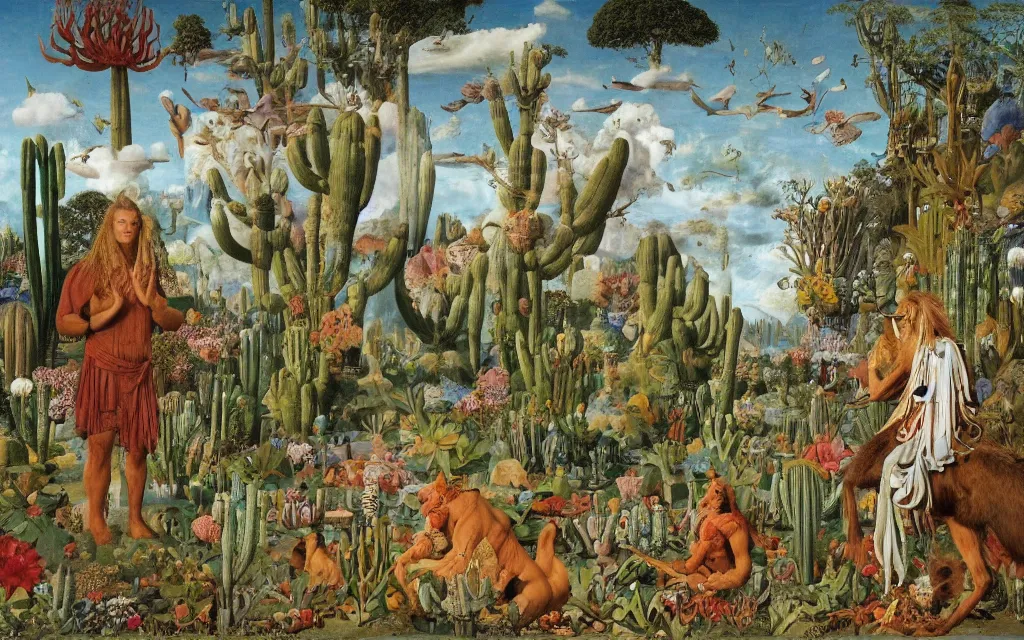 Image similar to photograph of a meditating centaur shaman and a striped werewolf feeding animals. surrounded by bulbous flowers, cacti, animals and a few trees. river delta with cliffs under a blue sky of burning stars. painted by jan van eyck, max ernst, ernst haeckel, ernst fuchs and artgerm. trending on artstation, trending on cgsociety