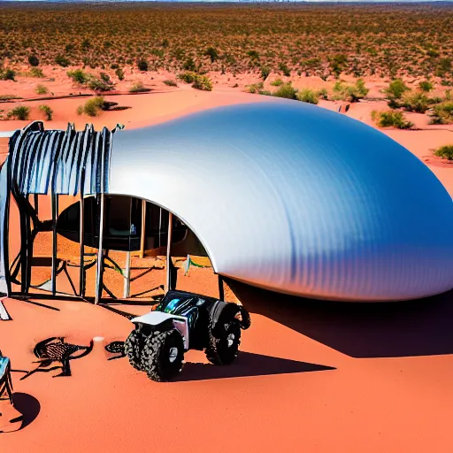 Prompt: mobile drone 3d printer, giant extrusion nozzle printing an earthship house frame in the australian desert, XF IQ4, 150MP, 50mm, F1.4, ISO 200, 1/160s, dawn