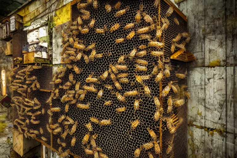 Prompt: favela lobster honeybee hive, wooded environment, industrial factory, horror, award winning art, epic dreamlike fantasy landscape, ultra realistic,