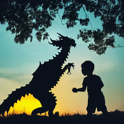 Prompt: a dragon saving a child from a fire, dramatic photography, silhouette, bokeh