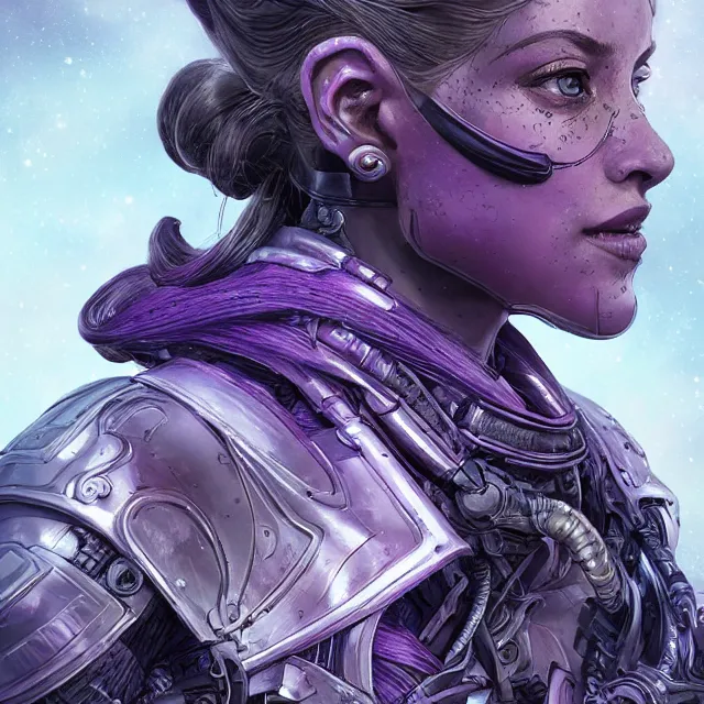 Image similar to facial portrait of a woman in powerful purple sci - fi armor with a black ponytail, elegant, stoic, intense, ultrafine hyperdetailed illustration by kim jung gi, irakli nadar, intricate linework, sharp focus, bright colors, octopath traveler, final fantasy, hearthstone, highly rendered, global illumination, radiant light, detailed, intricate environment