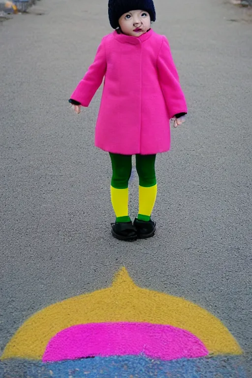 Prompt: a girl with short pink hair, wearing a loose yellow coat, full of lovely patterns, white striped tights, green transparent inflatable shoes, by customer hanuka