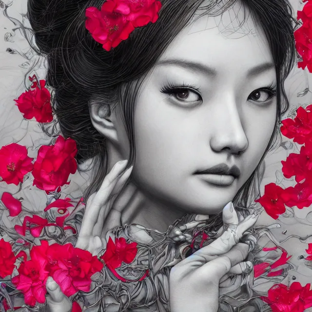 Image similar to studio portrait absurdly beautiful, elegant, graceful, young hypercolorful contrast korean gravure idol rubies and red petals, ultrafine hyperrealistic detailed face illustration by kim jung gi, irakli nadar, intricate linework, sharp focus, bright colors, matte, octopath traveler, final fantasy, unreal engine highly rendered, global illumination, radiant light, intricate environment