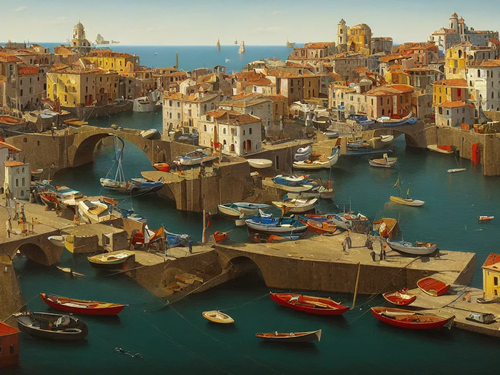 Image similar to A detailed oil painting of a beautiful Italian coastal town, bridge, boats, by Michiel Schrijver, isometric