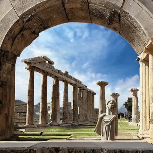 Image similar to young ancient greek godess in helmet, giant gray-haired bearded male head in background, ancient greek temple in background, by David Ligare, wide angle landscape, award winning masterpiece with incredible details, epic stunning, infinity pool, highly detailed, trending on ArtStation, artgerm and greg rutkowski and alphonse mucha, IAMAG, broken giant marble head statue ruins, golden hour