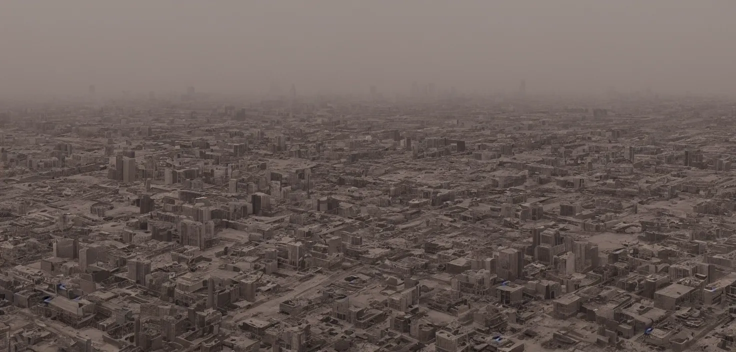 Image similar to ''the city of montreal in a desert wasteland after a nuclear apocalypse in the year 6000, remains, red haze, mist''