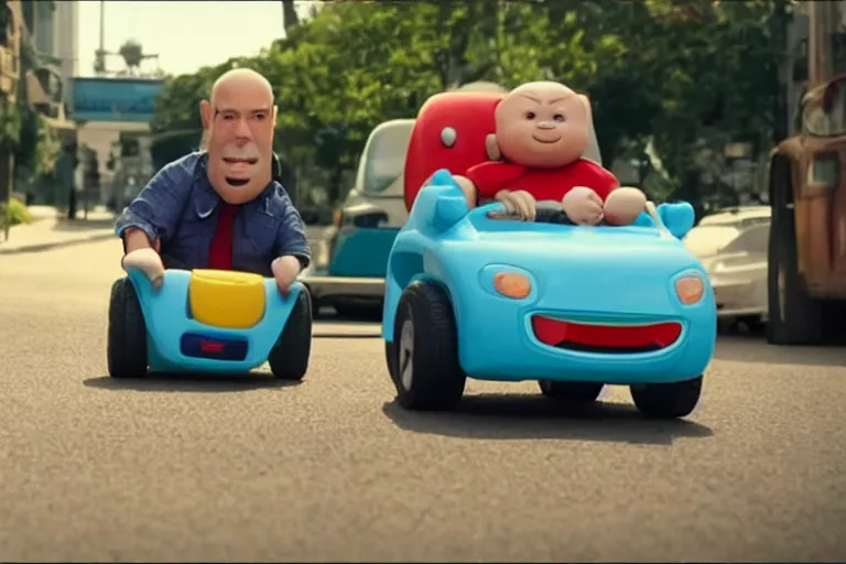 Image similar to vincent d'onofrio as kingpin driving a little tikes cozy coupe, movie still, from the new daredevil movie, 8 k, realistic