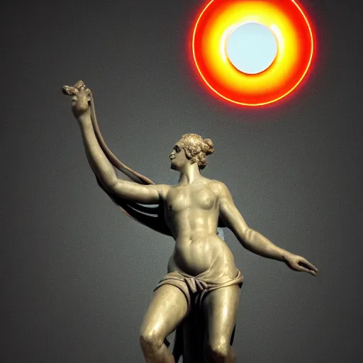 Image similar to a renaissance statue surrounded by a 3 d neon circle, black background, ray tracing, 8 k resolution, sharp focus, hyper detailed