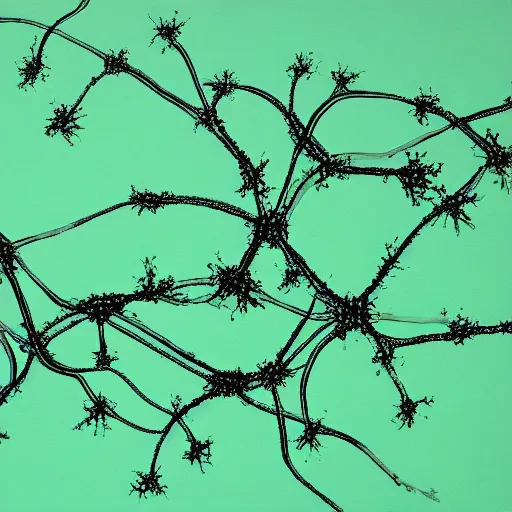 Image similar to painting of black and green synapses against a mint green background