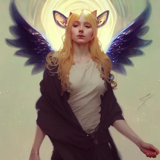 Prompt: A girl angel with blonde hair, cat ears, glowing halo, wings, fantasy, intricate, elegant, highly detailed, digital painting, artstation, concept art, smooth, sharp focus, illustration, art by Krenz Cushart and Artem Demura and alphonse mucha