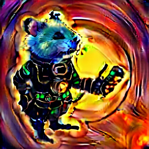 Image similar to a cute cyberpunk hamster as a supervillain, steam punk, gothic, 4 k