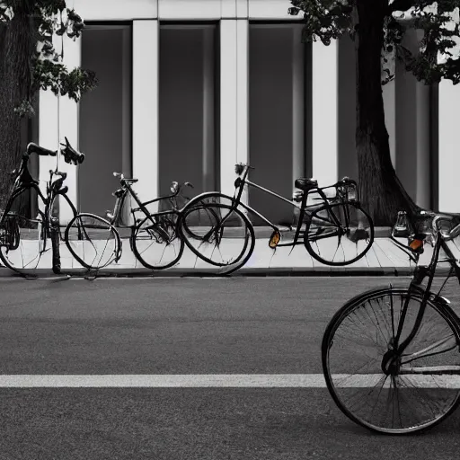 Prompt: a perfect street designed by mies van der rohe. bikes. cinematic, 8 k, inspirational.