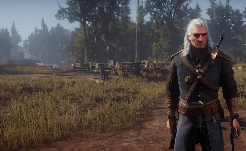 Image similar to screenshot of geralt of rivia in red dead redemption 2,