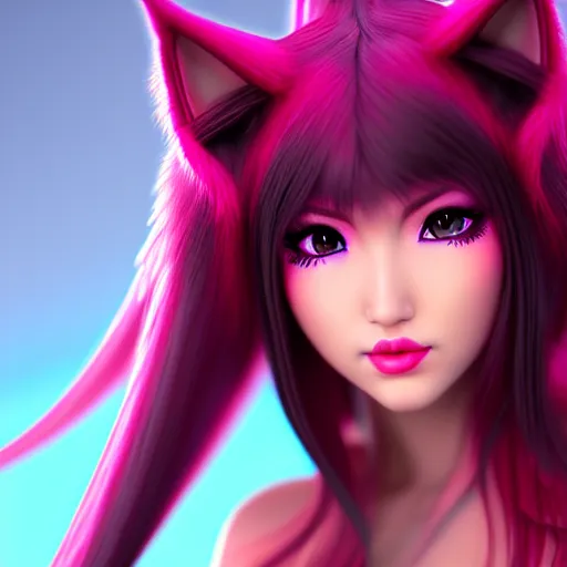 Image similar to Portrait of Ahri, face close-up, high detail, 3D render