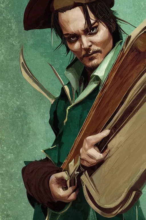 Image similar to Breathtaking comic book style of Johny Depp portrayed as a Dungeons and Dragons bard, playing the lute and wearing a pale green jacket in the style of ilya kuvshinov