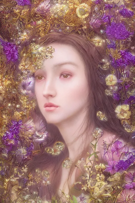 Image similar to elaborately detailed close up portrait of an extremely beautiful girl with long dark hair surrounded by flowers, an eerie mist and ethereal rainbow bubbles, Aetherpunk, high fantasy professionally painted digital art painting, fantasy matte painting movie poster, Art Nouveau, smooth, sharp focus, atmospheric lighting, highly detailed illustration highlights, backlight, golden ratio, 8K detail post-processing, symmetrical facial features, rich deep moody colors, majestic, dark epic fantasy, award winning picture, sense of awe, featured on DeviantArt, trending on cgsociety