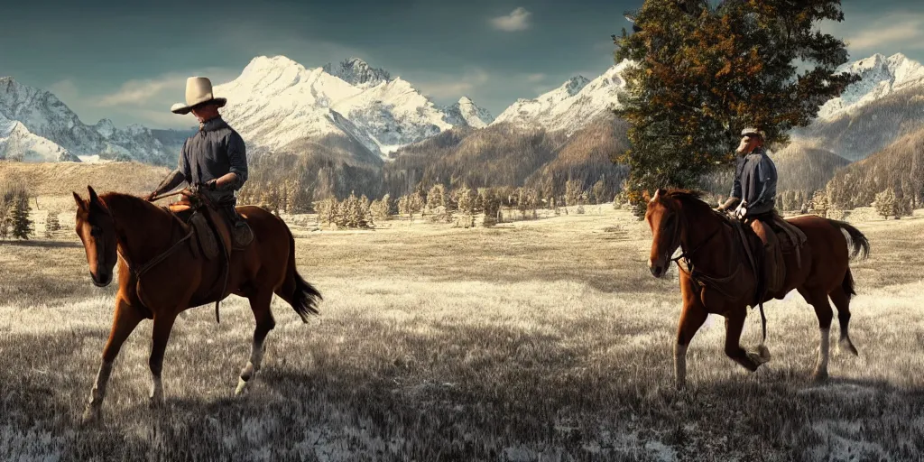 Prompt: still of a man riding a horse into an old west town surrounded by farmland and woods, snow capped mountains in the background, 4 k, realistic, very beautiful, digital art, elegant, highly detailed