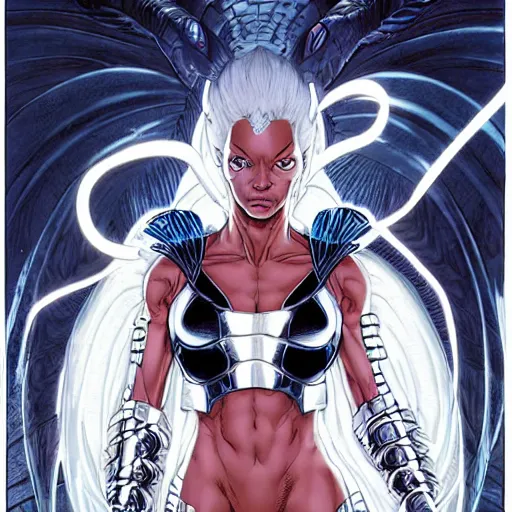 Image similar to portrait of ororo from xmen, symmetrical, by yoichi hatakenaka, masamune shirow, josan gonzales and dan mumford, deayami kojima, takato yamamoto, barclay shaw, karol bak, yukito kishiro