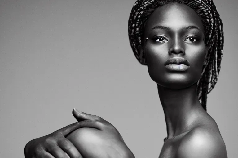 Prompt: portrait of a beautiful African model By Emmanuel Lubezki