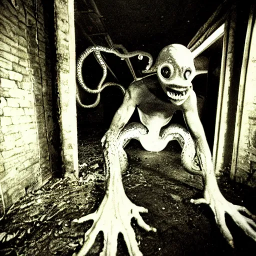 Image similar to 1 9 9 3, disposable camera, flash, old abandoned building, creepy mutant flesh creature, tentacles, flesh blob, trevor henderson