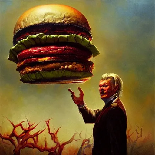 Prompt: portrait of a giant hamburger eating american citizens, painting by karol bak, greg hildebrandt, and mark brooks, hauntingly surreal, gothic, horrifying fear.