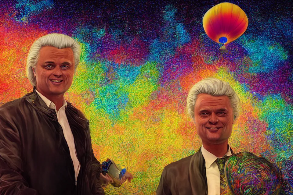 Prompt: geert wilders with dilated pupils, sly smile wearing a cap, inflating a balloon against cosmic background, dmt lsd acid caustics volumetric light octane render portal by james r eads and tomasz alen kopera