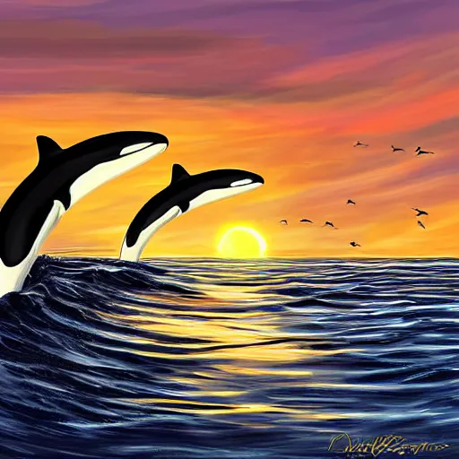 Prompt: a terrifying orca tapdances off the coast of a small fishing village, pads of waves as the sun sets, the fishing village off in the horizon, digital art